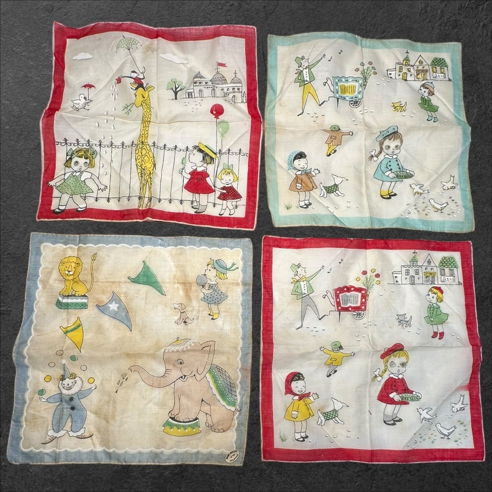 Vintage Googly Eyes Childrens Handkerchiefs Set 4 Circus Zoo Animals Philippines